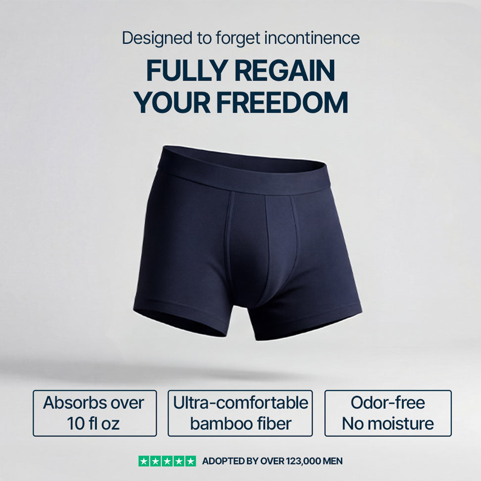 Boxer bleu marine homme Orykas porté de dos, fibre de bambou absorbante, protection fuites urinaires discrète et lavable