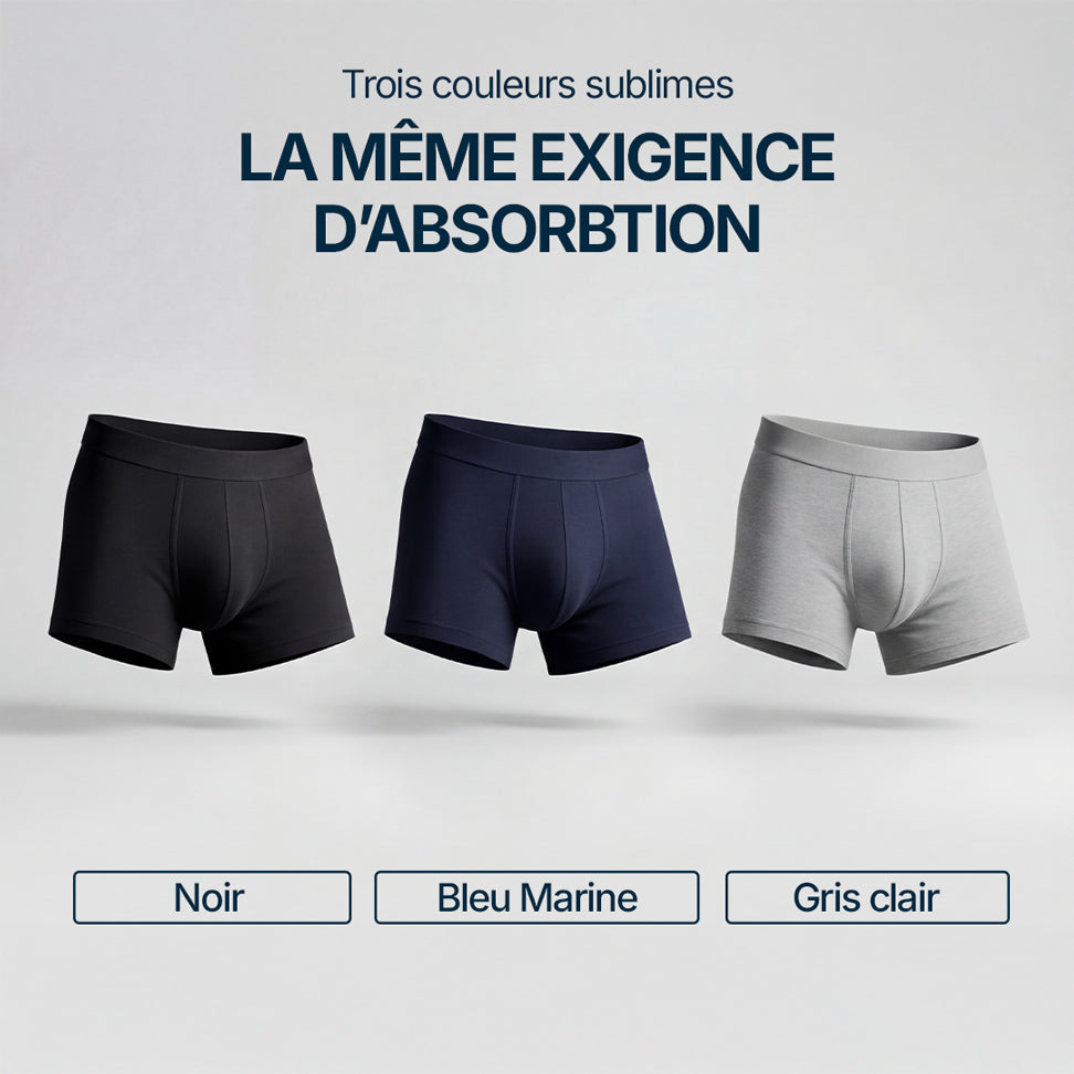 Pack de boxers absorbants Orykas pour homme disponibles en trois couleurs : noir, bleu marine et gris clair, offrant la même performance d’absorption pour les fuites urinaires légères à modérées.