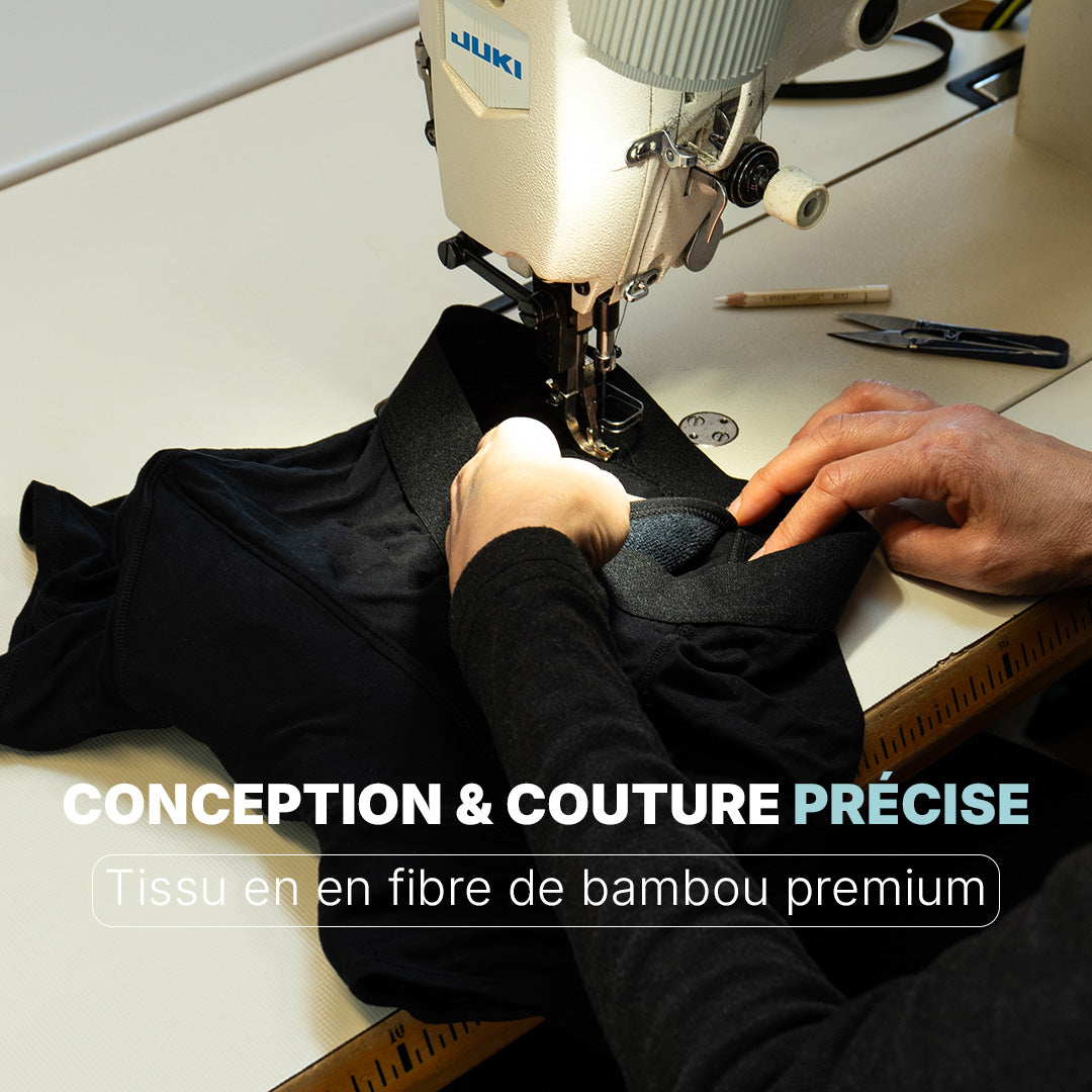 Atelier de confection Orykas, couture précise d’un sous-vêtement en fibre de bambou premium, contrôle qualité et finitions soignées pour incontinence masculine et féminine.