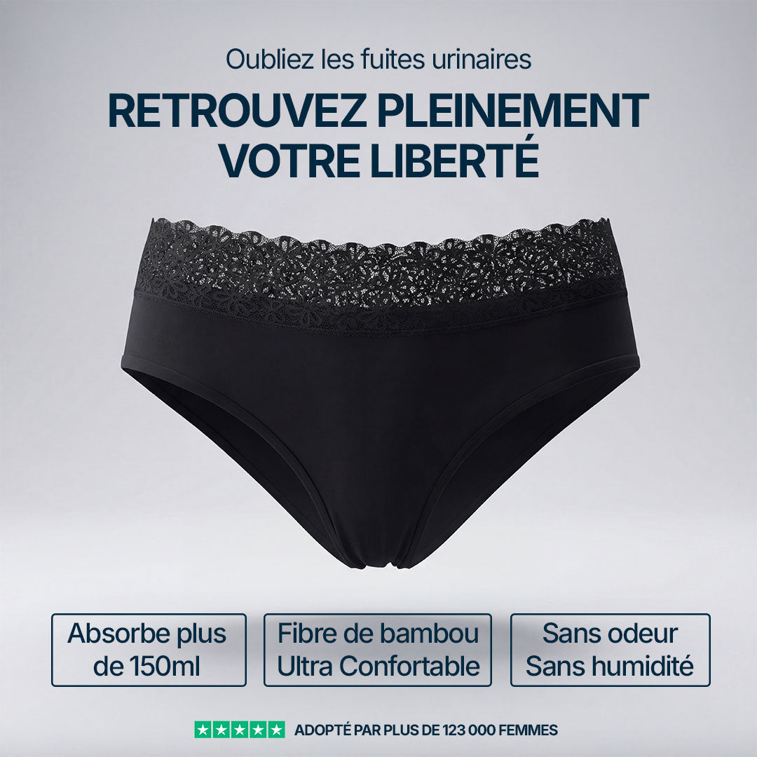 Culotte absorbante noire avec dentelle élégante pour incontinence féminine, absorbe plus de 150 ml, en fibre de bambou ultra confortable, sans odeur ni humidité, adoptée par plus de 123 000 femmes.