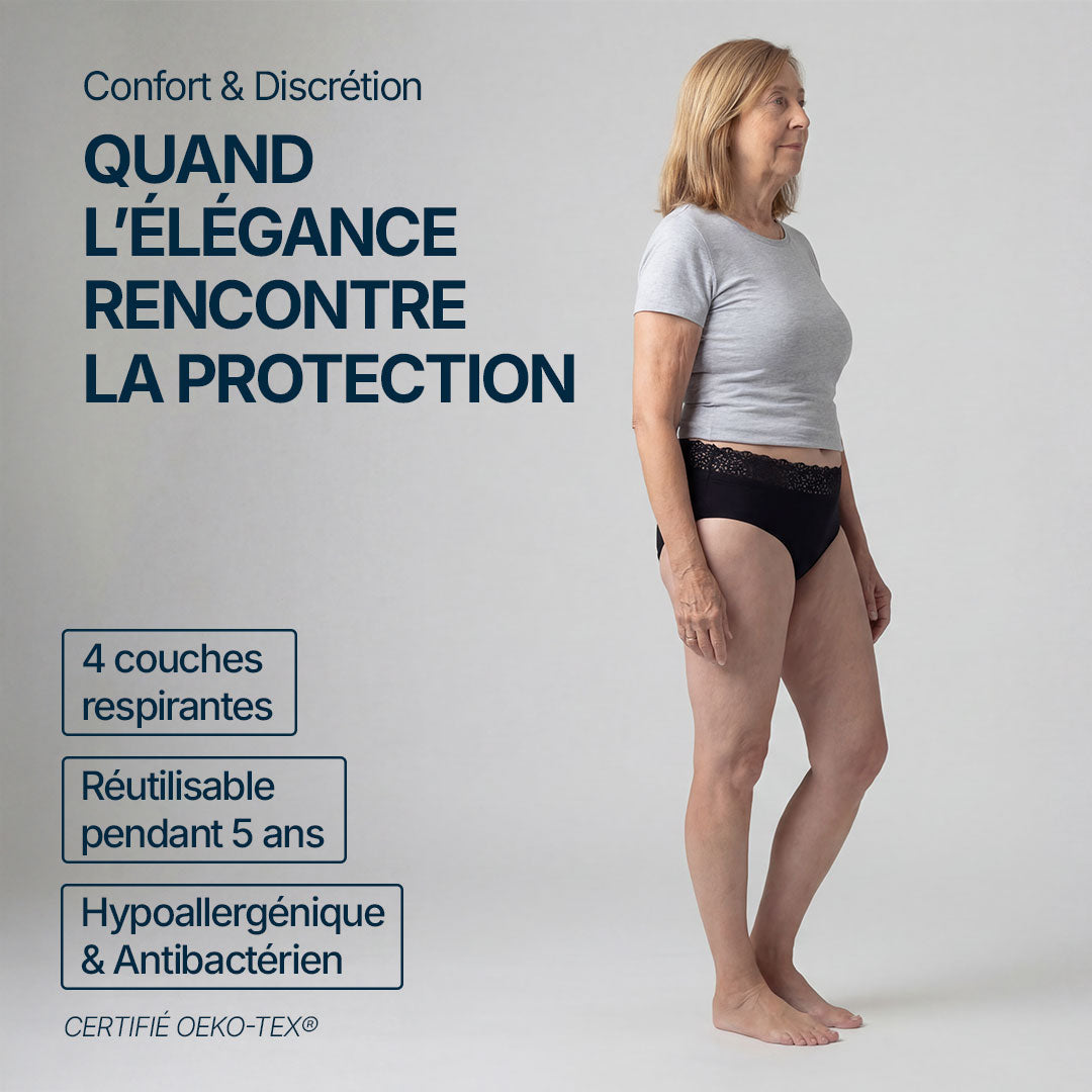Femme portant une culotte absorbante noire avec dentelle pour incontinence féminine, modèle élégant et discret, 4 couches respirantes, réutilisable jusqu’à 5 ans, hypoallergénique et antibactérien, certifiée OEKO-TEX.