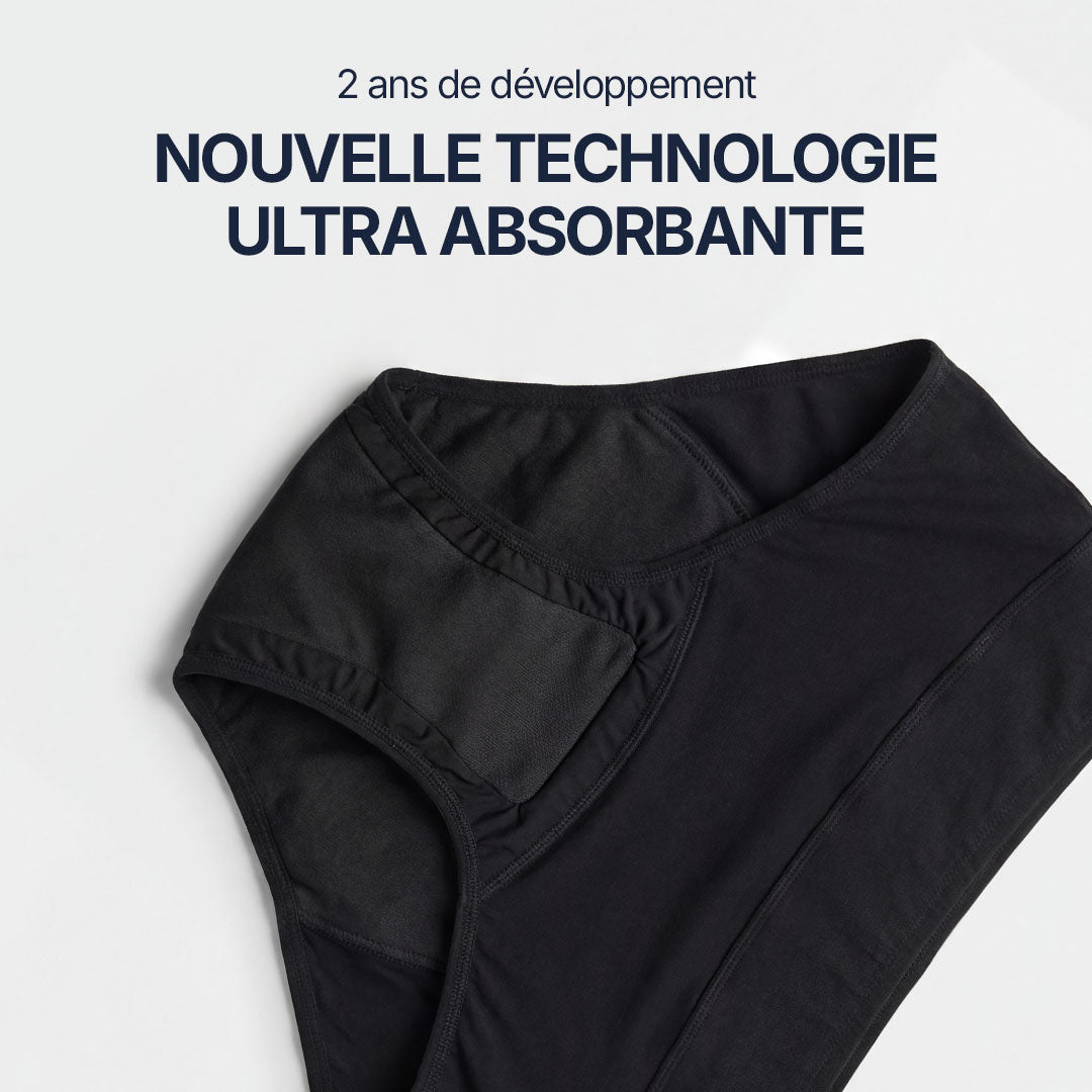 Détail de la culotte absorbante noire pour incontinence féminine, nouvelle technologie ultra absorbante développée pendant 2 ans, protection renforcée et conception multi-couches pour fuites urinaires légères à modérées.