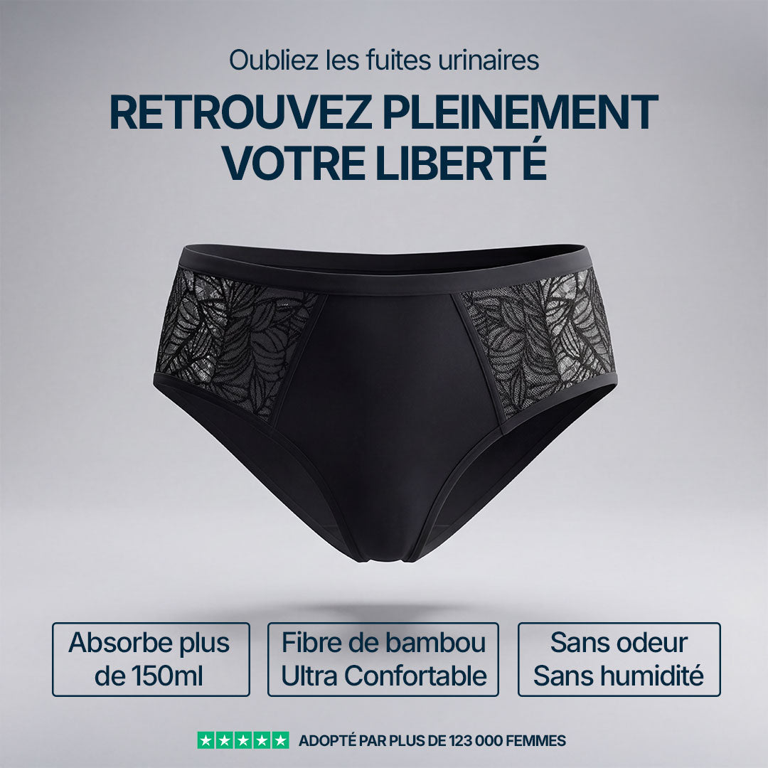 Culotte absorbante noire avec dentelle latérale pour incontinence féminine, absorbe plus de 150 ml, en fibre de bambou ultra confortable, sans odeur ni humidité, adoptée par plus de 123 000 femmes.