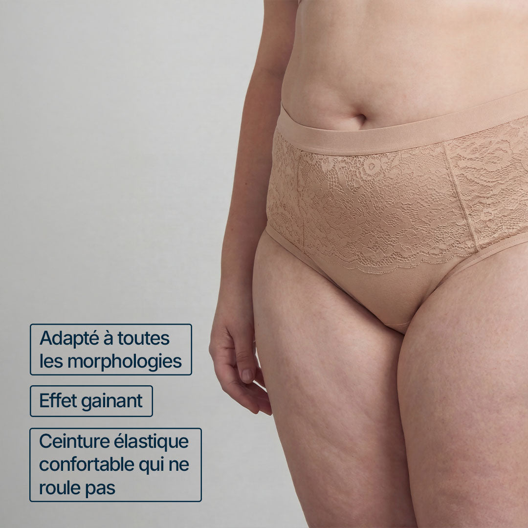 Culotte absorbante beige taille haute pour incontinence féminine, adaptée à toutes les morphologies, avec effet gainant et ceinture élastique confortable qui ne roule pas, idéale pour fuites urinaires légères à modérées.