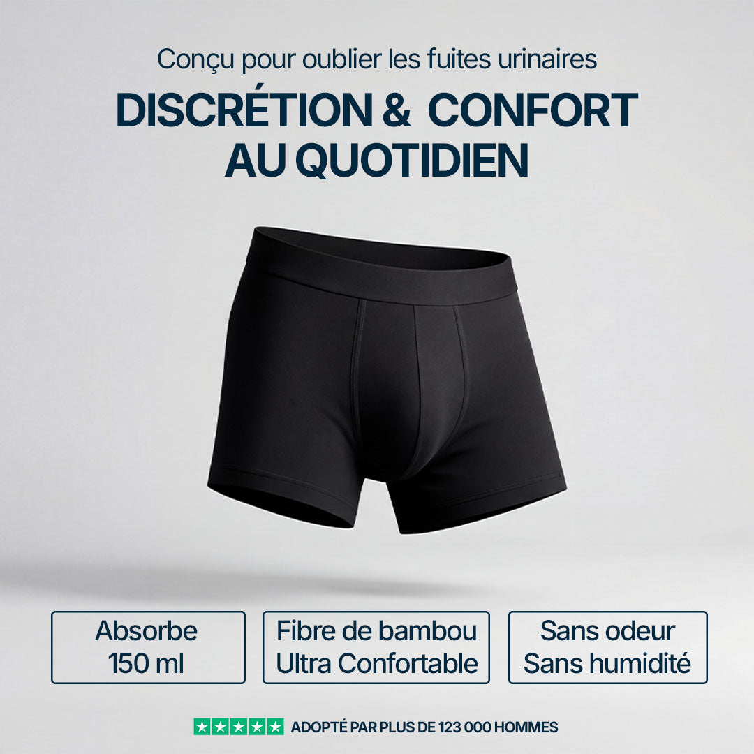 Boxer absorbant noir pour fuites urinaires légères, conçu pour allier discrétion et confort au quotidien, absorbe jusqu’à 150 ml, en fibre de bambou ultra confortable, sans odeur ni humidité, adopté par plus de 123 000 hommes.