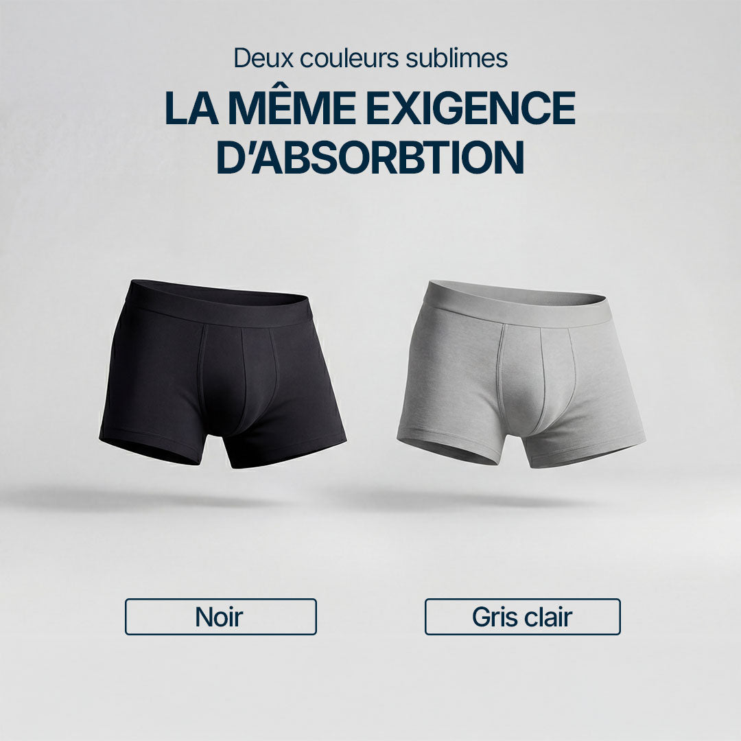 Deux boxers absorbants pour fuites urinaires légères en noir et gris clair, même niveau d’absorption et de confort, sous-vêtements lavables et discrets pour incontinence masculine légère, disponibles en deux couleurs élégantes.