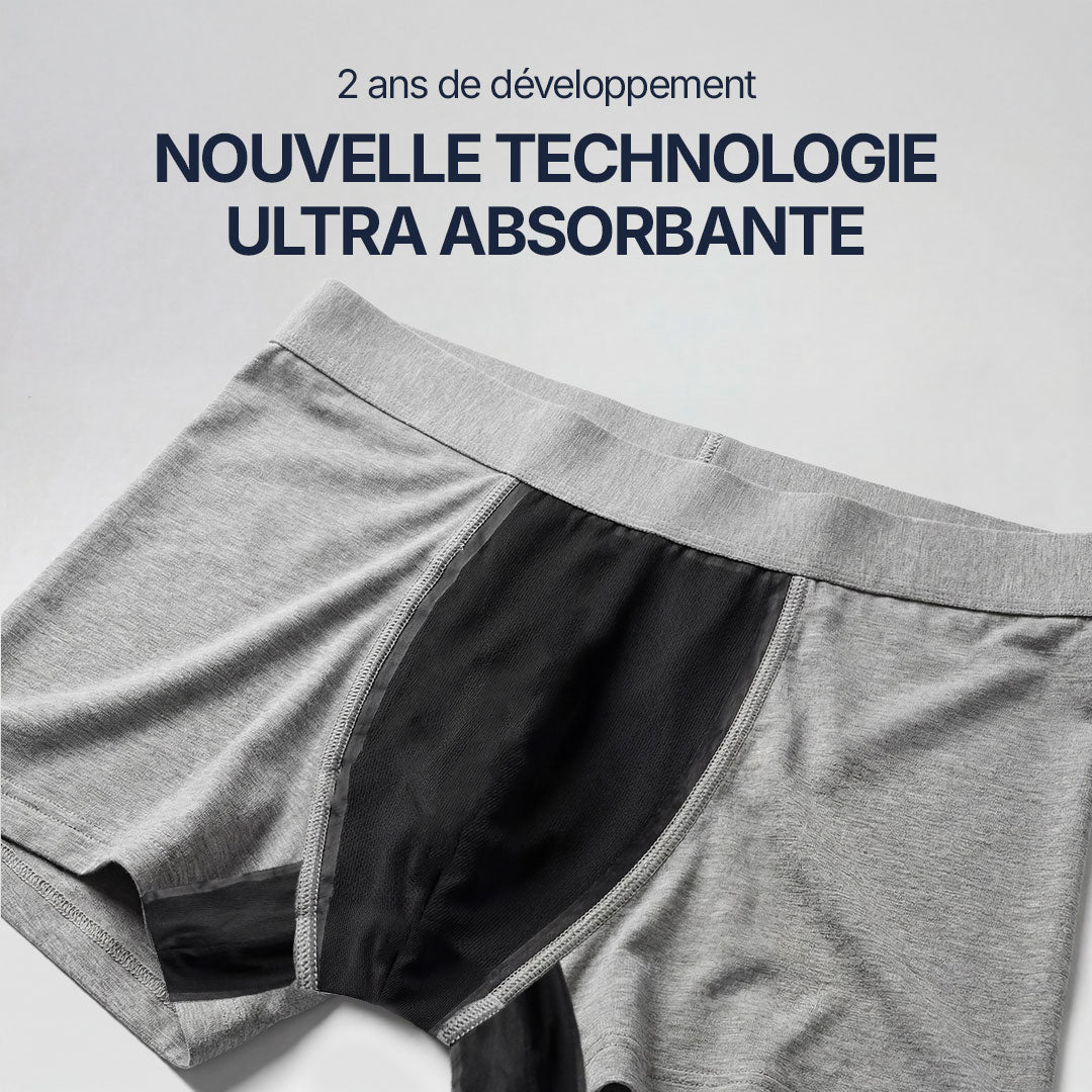 Boxer absorbant gris clair avec zone d’absorption renforcée, nouvelle technologie ultra absorbante développée pendant 2 ans, sous-vêtement lavable et discret pour fuites urinaires légères, confort optimal et protection efficace au quotidien.