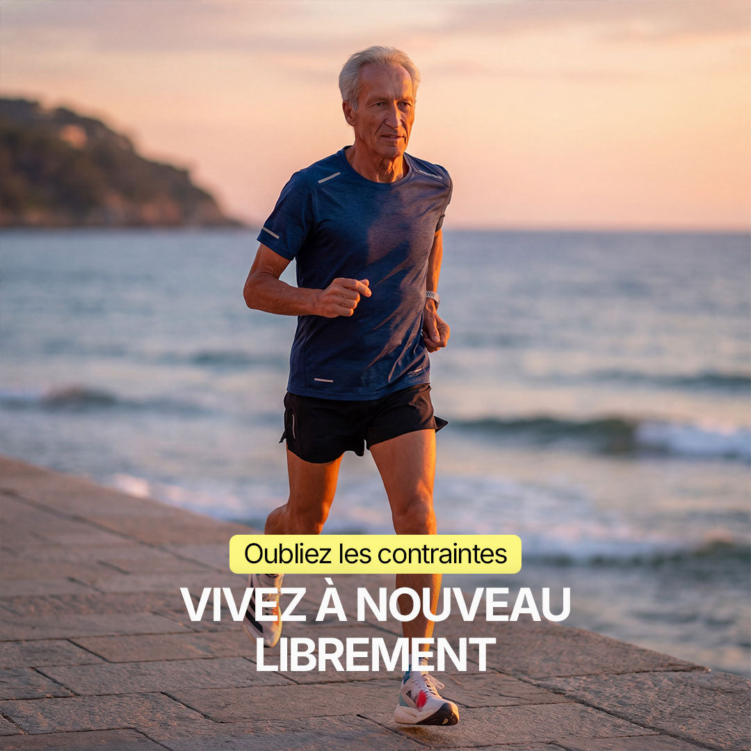 Homme senior en tenue de sport courant au bord de la mer au coucher du soleil, ambiance dynamique et inspirante avec message “Oubliez les contraintes” et “Vivez à nouveau librement”, illustrant la liberté retrouvée et la confiance au quotidien malgré les fuites urinaires.
