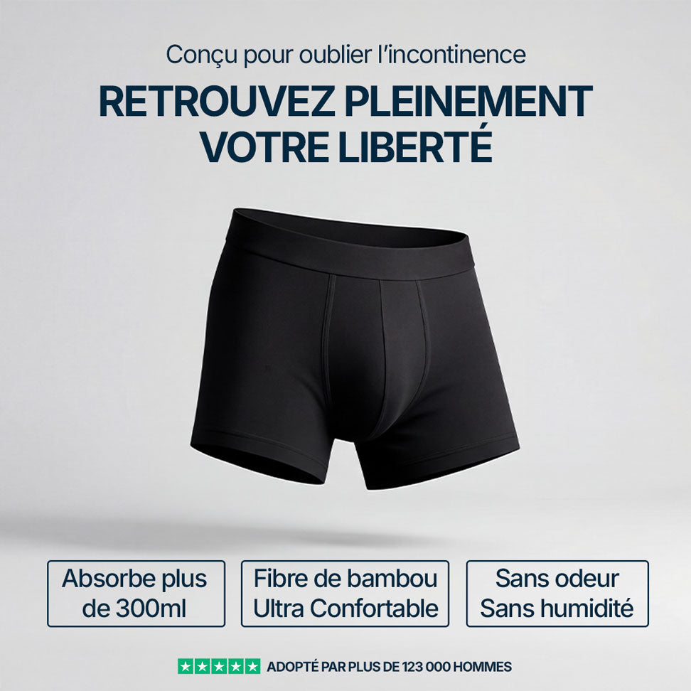 Boxer absorbant noir pour homme conçu pour l’incontinence, modèle lavable en fibre de bambou ultra confortable, absorbe plus de 300 ml sans odeur ni sensation d’humidité, sous-vêtement discret adopté par plus de 123 000 hommes pour retrouver pleinement liberté et confiance au quotidien.
