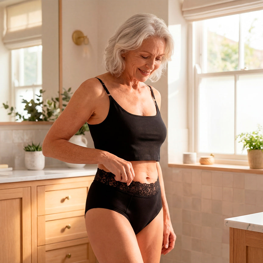 Femme portant une culotte absorbante noire avec dentelle élégante, modèle flux modéré pour incontinence féminine, protection discrète, confortable et lavable pour fuites urinaires légères à modérées.