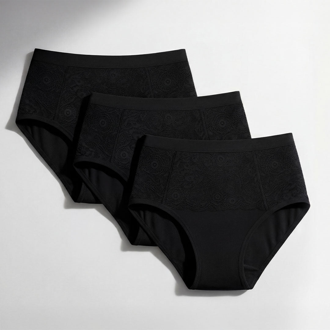 Pack de trois culottes absorbantes noires pour incontinence féminine, modèle taille haute avec dentelle élégante, solution lavable pour fuites urinaires légères à modérées.