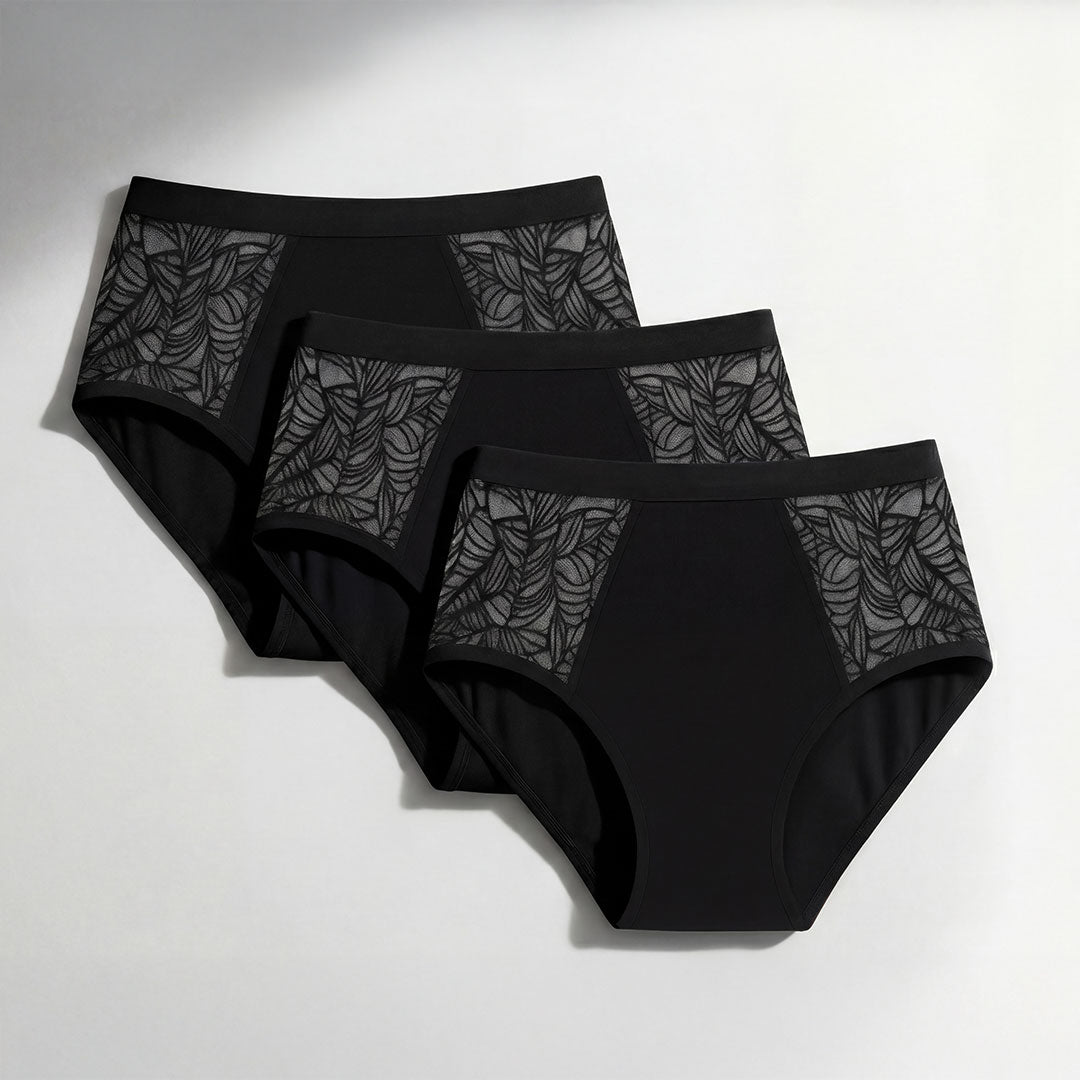 Pack de 3 culottes absorbantes noires avec dentelle latérale élégante pour incontinence féminine, protection lavable et réutilisable, solution discrète pour fuites urinaires légères à modérées.