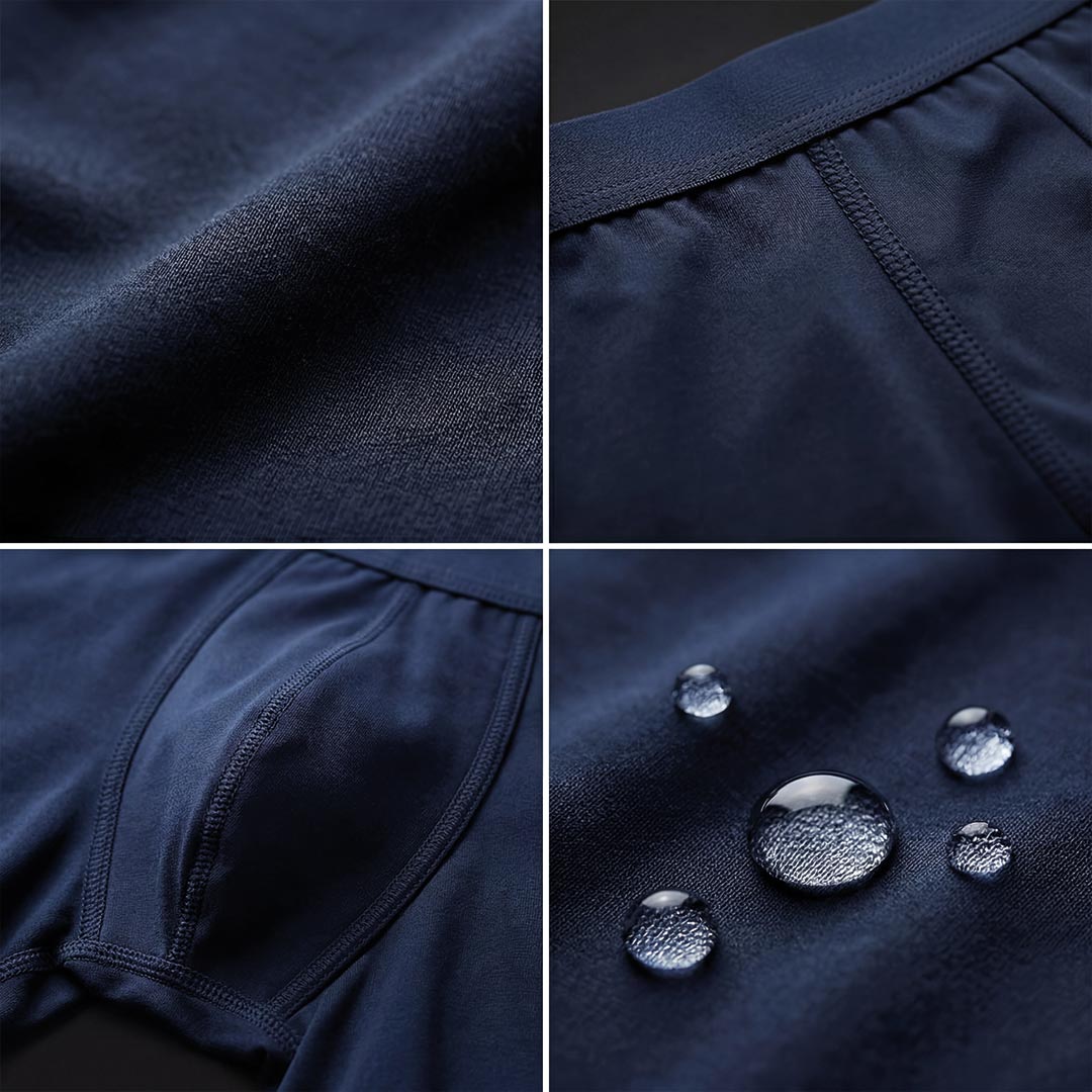 Détails des couches absorbantes du boxer bleu marine en fibre de bambou, protection fuites urinaires homme lavable Orykas