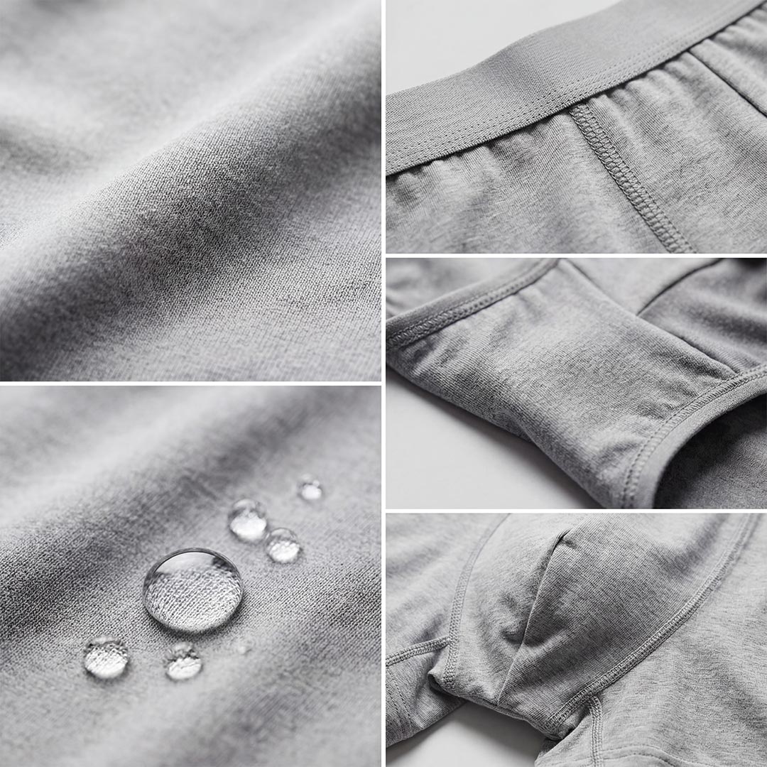 Coupe technique du boxer gris Orykas montrant les couches absorbantes en fibre de bambou pour incontinence masculine