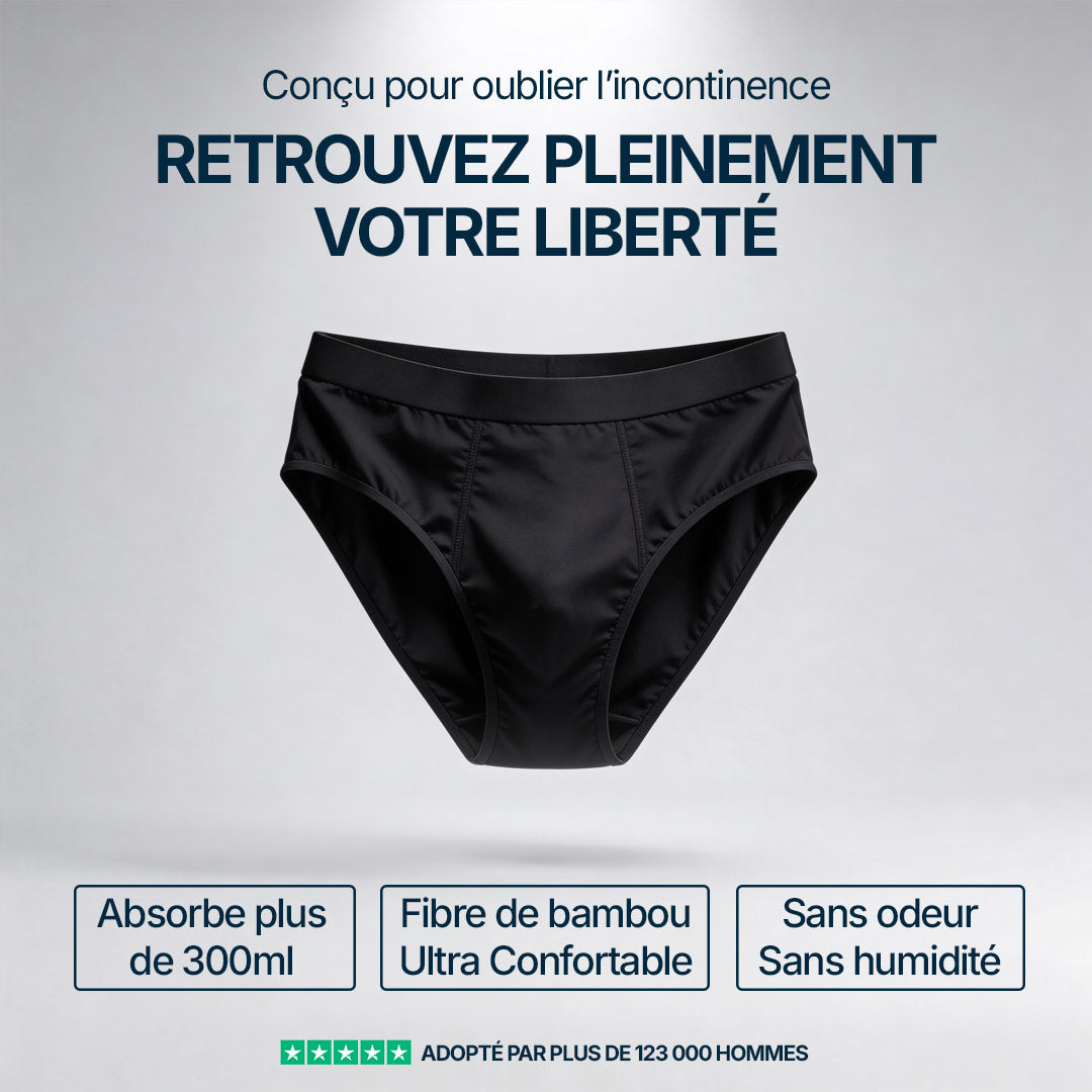 Visuel d’un slip absorbant noir Orykas sur fond neutre, conçu pour oublier l’incontinence, avec mise en avant de sa capacité d’absorption supérieure à 300 ml, de sa fibre de bambou ultra confortable et de sa protection sans odeur ni humidité.