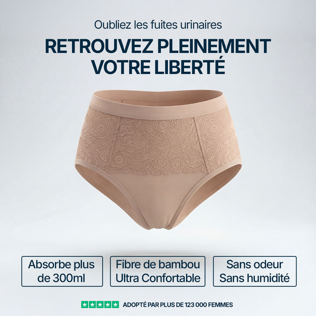 Culotte absorbante beige pour incontinence féminine, modèle taille haute avec dentelle élégante, absorbe plus de 300 ml, en fibre de bambou ultra confortable, sans odeur ni humidité.