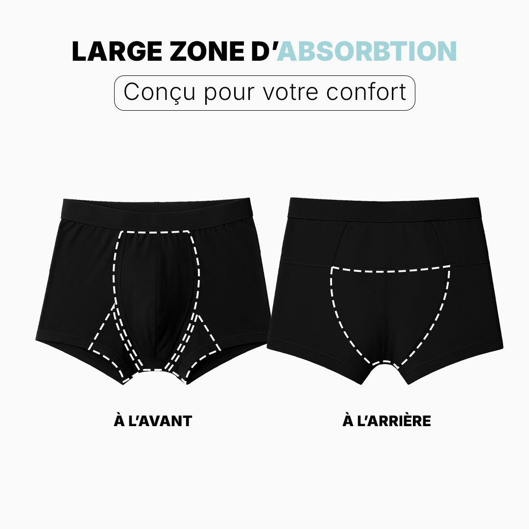 Illustration du boxer d’incontinence Orykas montrant la large zone d’absorption à l’avant et à l’arrière, conçue pour offrir confort et protection maximale.