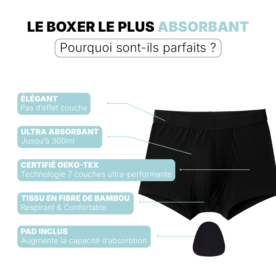Visuel du boxer d’incontinence Orykas ultra absorbant jusqu’à 300 ml, élégant et discret, certifié OEKO TEX avec tissu en fibre de bambou respirant et pad inclus pour renforcer l’absorption.
