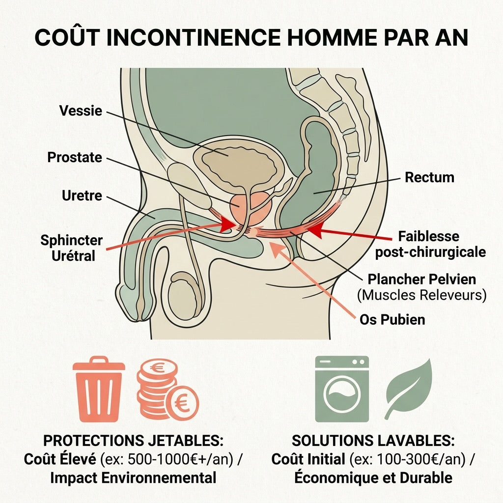 Schéma anatomique plancher pelvien masculin — coût incontinence homme par an | Orykas