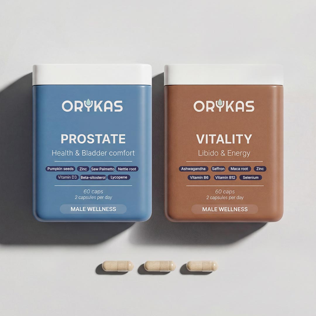 Pack Prostate et Libido Orykas, deux flacons de compléments alimentaires masculins fabriqués en France pour la santé de l'homme