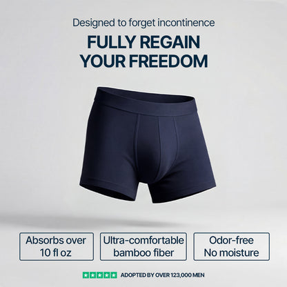 Boxer bleu marine homme Orykas porté de dos, fibre de bambou absorbante, protection fuites urinaires discrète et lavable