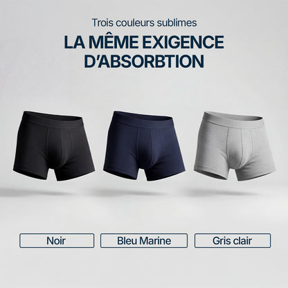 Pack de boxers absorbants Orykas pour homme disponibles en trois couleurs : noir, bleu marine et gris clair, offrant la même performance d’absorption pour les fuites urinaires légères à modérées.
