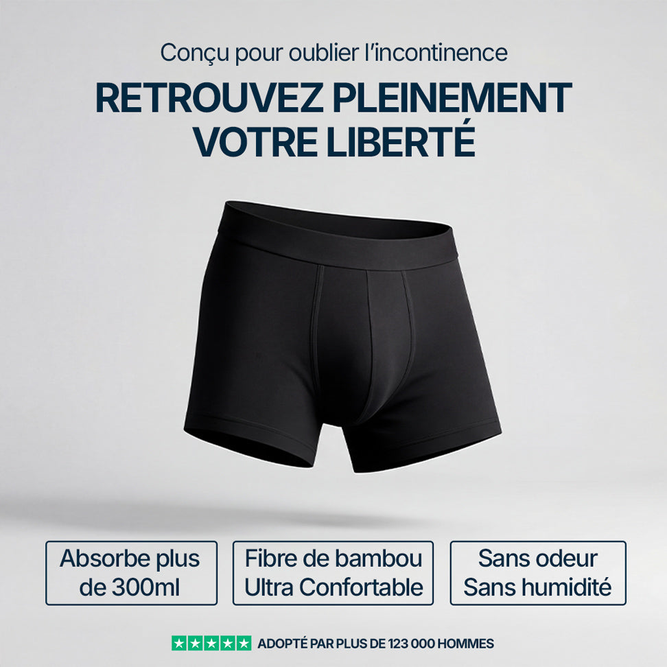 Boxer absorbant noir pour homme conçu pour l’incontinence, modèle lavable en fibre de bambou ultra confortable, absorbe plus de 300 ml sans odeur ni sensation d’humidité, sous-vêtement discret adopté par plus de 123 000 hommes pour retrouver pleinement liberté et confiance au quotidien.