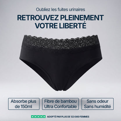 Culotte absorbante noire avec dentelle élégante pour incontinence féminine, absorbe plus de 150 ml, en fibre de bambou ultra confortable, sans odeur ni humidité, adoptée par plus de 123 000 femmes.