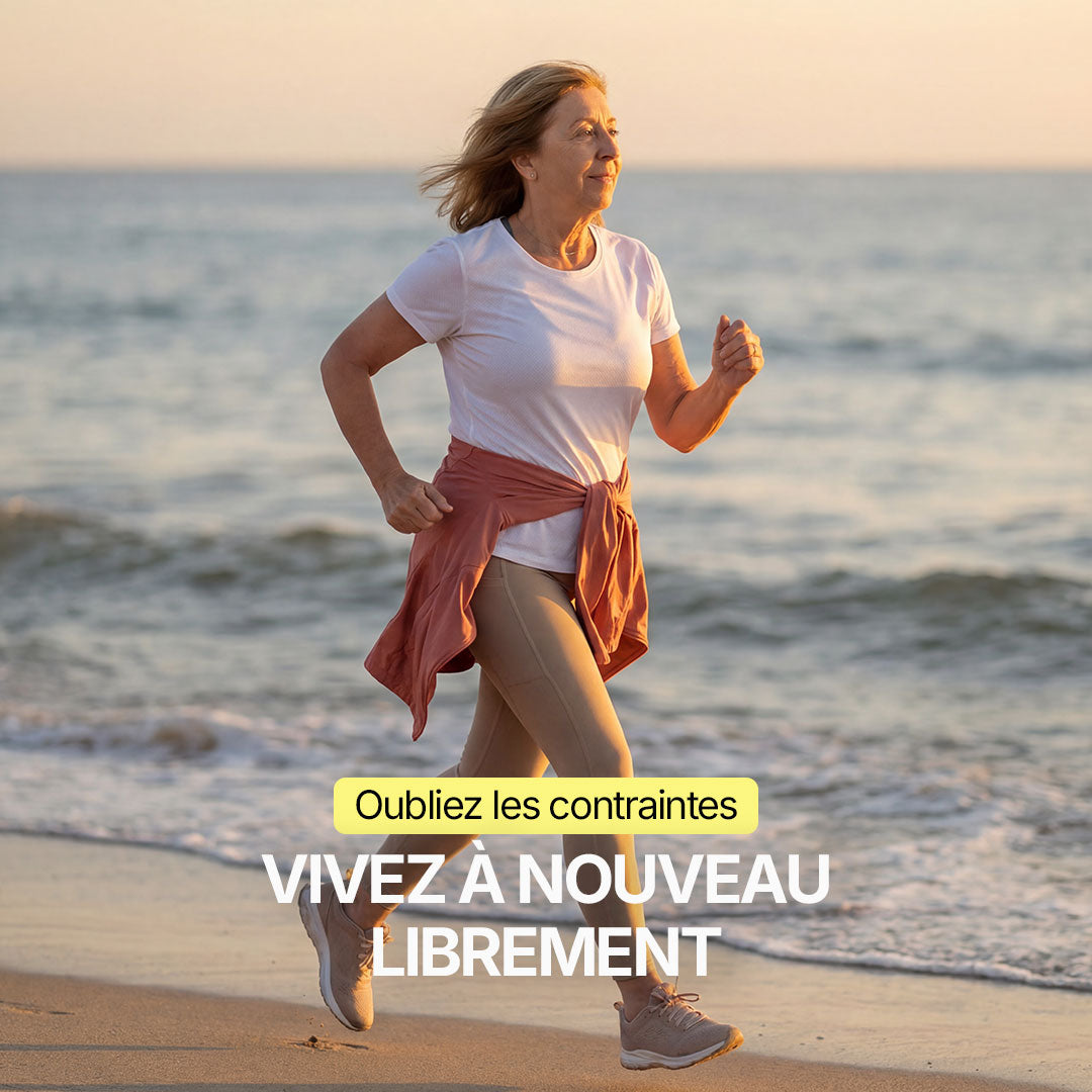 Femme active courant sur la plage au coucher du soleil, portant une protection absorbante discrète pour incontinence féminine, solution lavable et confortable pour retrouver liberté et confiance au quotidien.