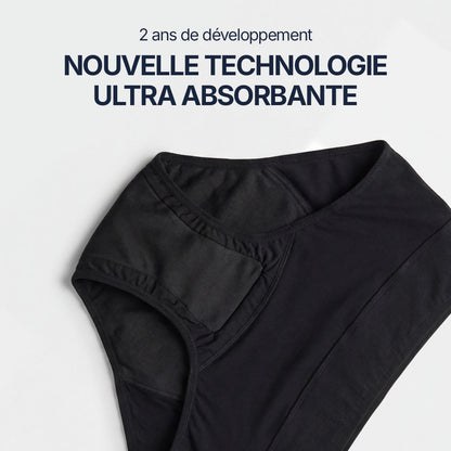 Détail de la culotte absorbante noire pour incontinence féminine, nouvelle technologie ultra absorbante développée pendant 2 ans, protection renforcée et conception multi-couches pour fuites urinaires légères à modérées.