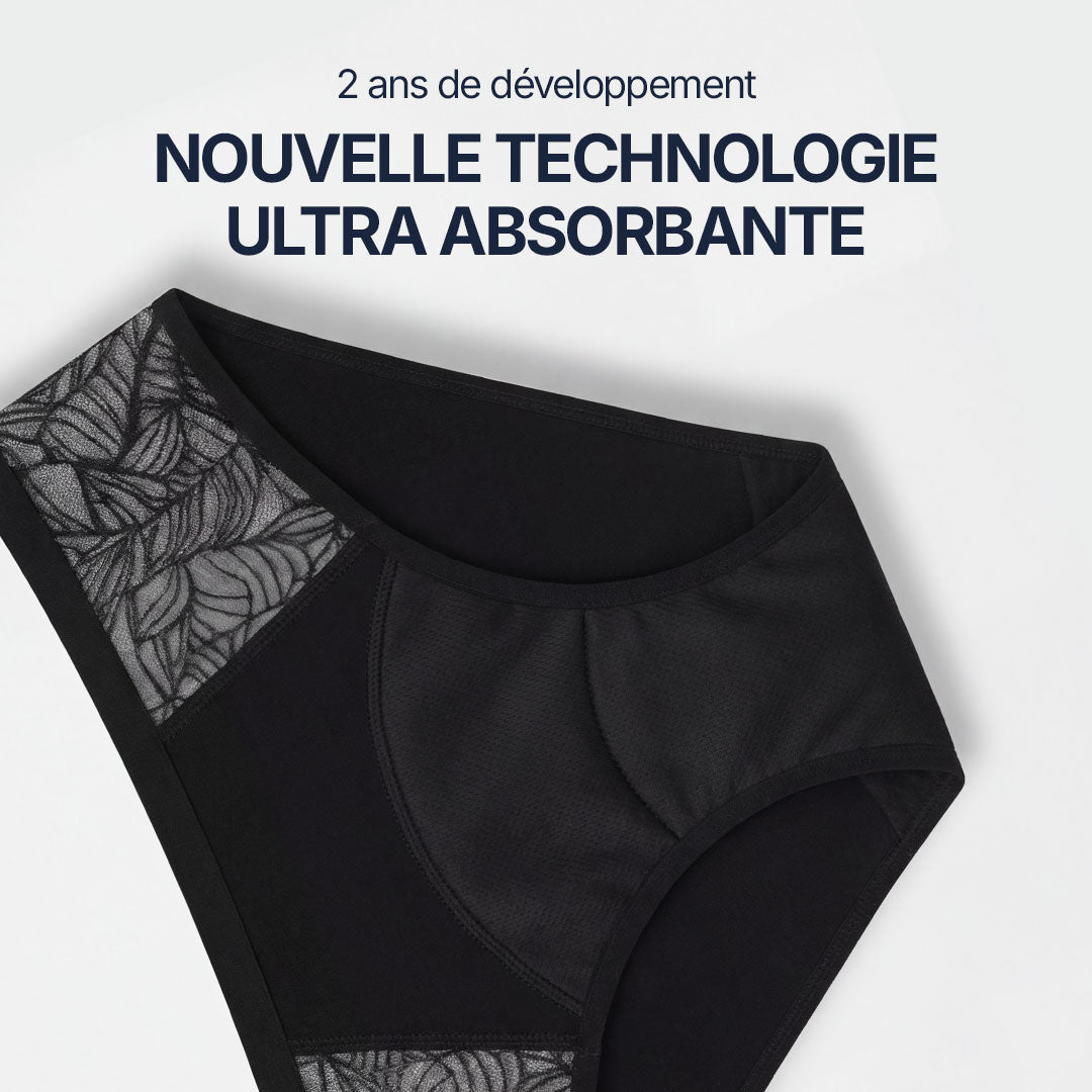 Culotte absorbante noire pour incontinence féminine avec dentelle latérale élégante et technologie ultra absorbante développée pendant 2 ans, protection discrète et lavable pour fuites urinaires légères à modérées, design confortable et respirant.