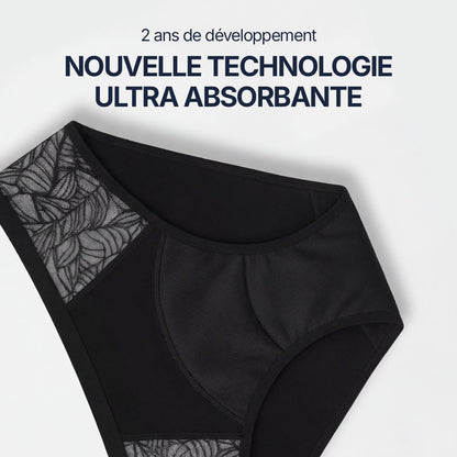 Culotte absorbante noire pour incontinence féminine avec dentelle latérale élégante et technologie ultra absorbante développée pendant 2 ans, protection discrète et lavable pour fuites urinaires légères à modérées, design confortable et respirant.
