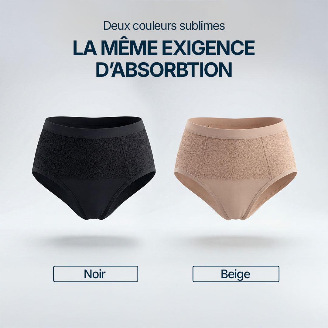 Comparatif de deux culottes absorbantes pour incontinence féminine, modèle noir et modèle beige avec dentelle élégante, mettant en avant la même exigence d’absorption et la protection discrète pour fuites urinaires légères à modérées, versions lavables et confortables adaptées au quotidien.