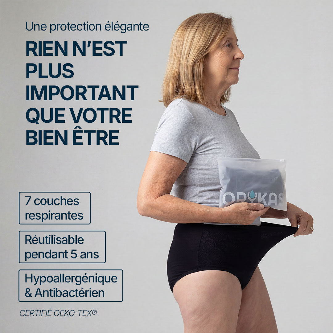 Culotte absorbante noire pour incontinence féminine portée par une femme, protection élégante à 7 couches respirantes, réutilisable jusqu’à 5 ans, hypoallergénique et antibactérienne, certifiée OEKO-TEX.