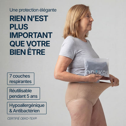 Culotte absorbante beige pour incontinence féminine portée par une femme, protection élégante à 7 couches respirantes, réutilisable jusqu’à 5 ans, hypoallergénique et antibactérienne, certifiée OEKO-TEX.