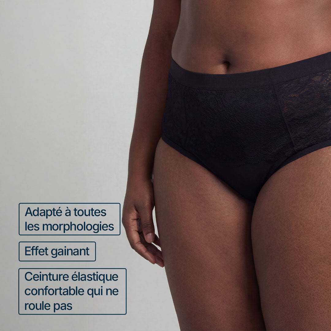 Culotte absorbante noire taille haute pour incontinence féminine, adaptée à toutes les morphologies, avec effet gainant et ceinture élastique confortable qui ne roule pas, idéale pour fuites urinaires légères à modérées.