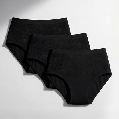 Pack de trois culottes absorbantes noires pour incontinence féminine, modèle taille haute avec dentelle élégante, solution lavable pour fuites urinaires légères à modérées.