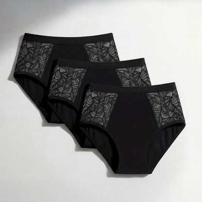 Pack de 3 culottes absorbantes noires avec dentelle latérale élégante pour incontinence féminine, protection lavable et réutilisable, solution discrète pour fuites urinaires légères à modérées.