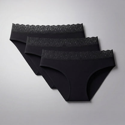 Pack de 3 culottes absorbantes noires pour incontinence féminine, modèle taille haute avec dentelle élégante, lavables et réutilisables, protection discrète pour fuites urinaires légères à modérées.