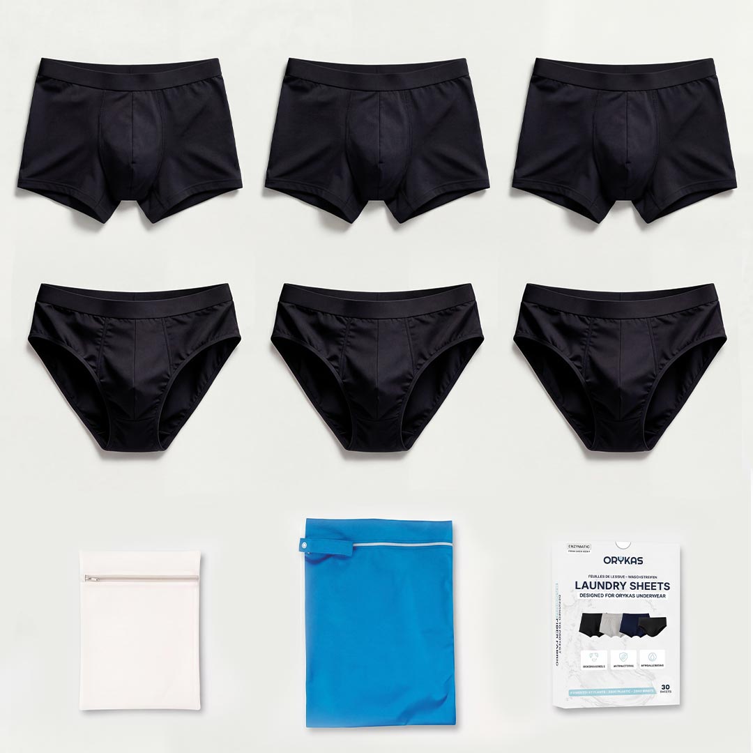 Coffret Essentiel Orykas de sous-vêtements incontinence homme en fibre de bambou, slips et boxers absorbants lavables