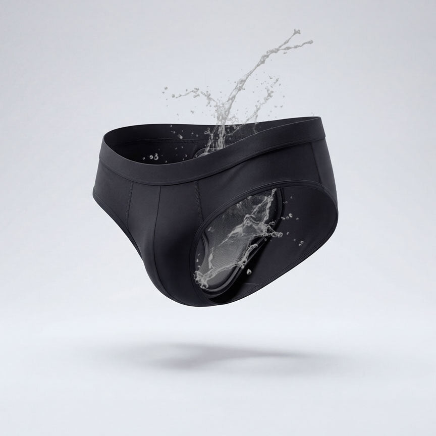 Slip absorbant Orykas noir en vue technique avec découpe montrant la zone d’absorption interne et projection de liquide, illustrant la technologie anti-fuite multicouche, l’absorption rapide et la protection renforcée contre les fuites urinaires.