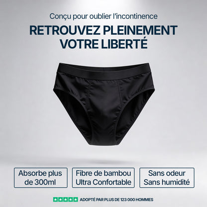 Visuel d’un slip absorbant noir Orykas sur fond neutre, conçu pour oublier l’incontinence, avec mise en avant de sa capacité d’absorption supérieure à 300 ml, de sa fibre de bambou ultra confortable et de sa protection sans odeur ni humidité.