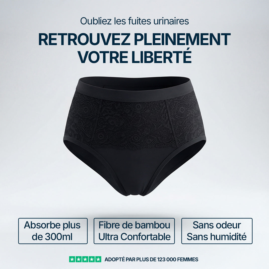 Culotte absorbante noire pour incontinence féminine, modèle taille haute avec dentelle élégante, absorbe plus de 300 ml, en fibre de bambou ultra confortable, sans odeur ni humidité.