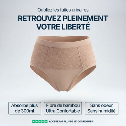 Culotte absorbante beige pour incontinence féminine, modèle taille haute avec dentelle élégante, absorbe plus de 300 ml, en fibre de bambou ultra confortable, sans odeur ni humidité.