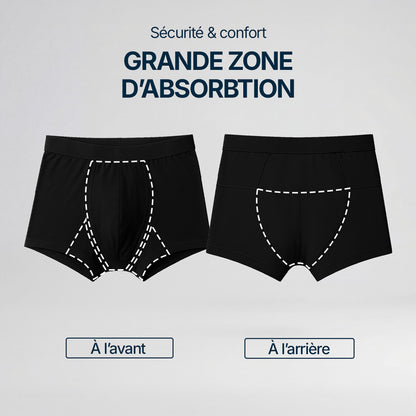 Illustration d’un boxer noir Orykas montrant la grande zone d’absorption à l’avant et à l’arrière grâce à un marquage en pointillés, démonstration de la sécurité et du confort pour les fuites urinaires légères à modérées.