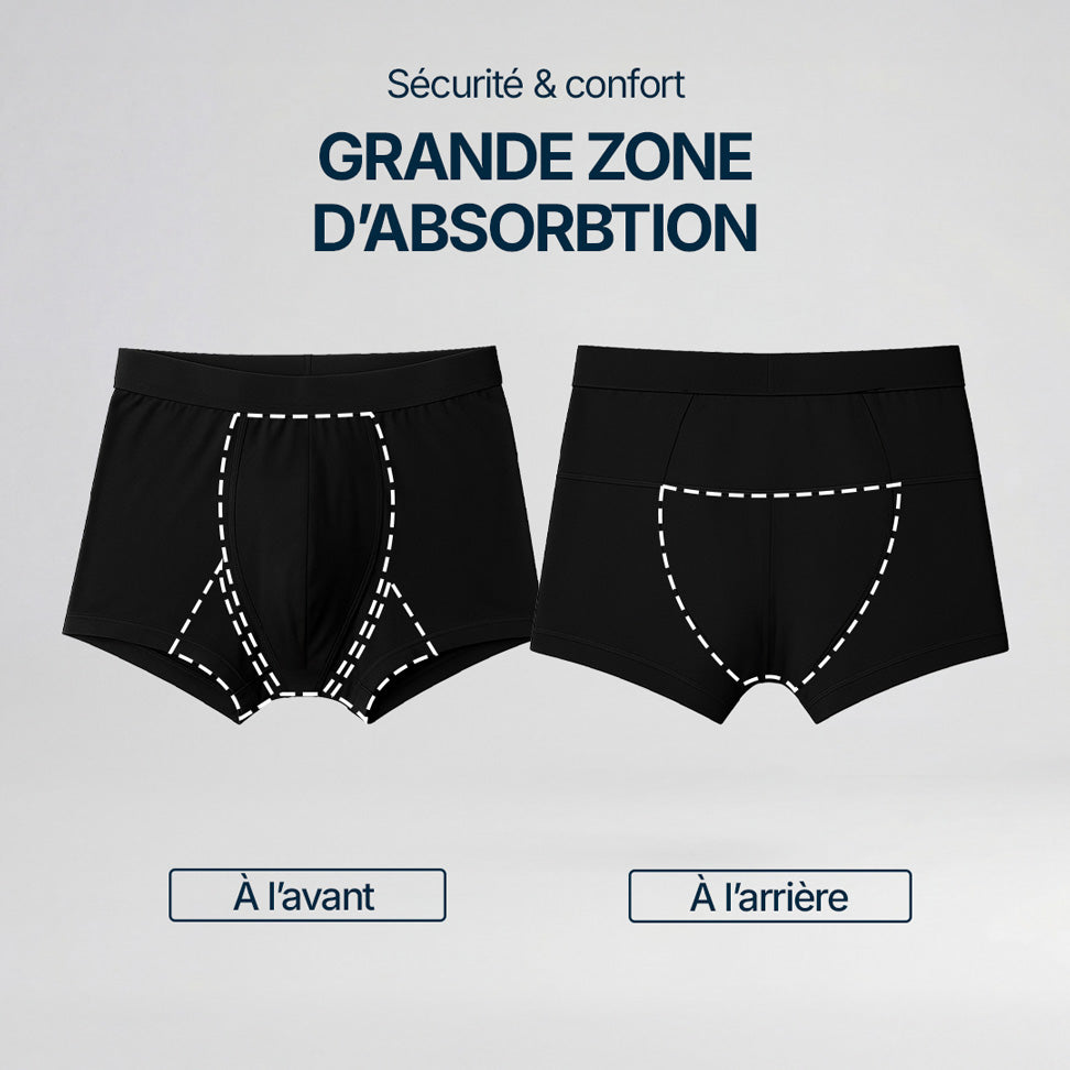 Illustration d’un boxer noir Orykas montrant la grande zone d’absorption à l’avant et à l’arrière grâce à un marquage en pointillés, démonstration de la sécurité et du confort pour les fuites urinaires légères à modérées.