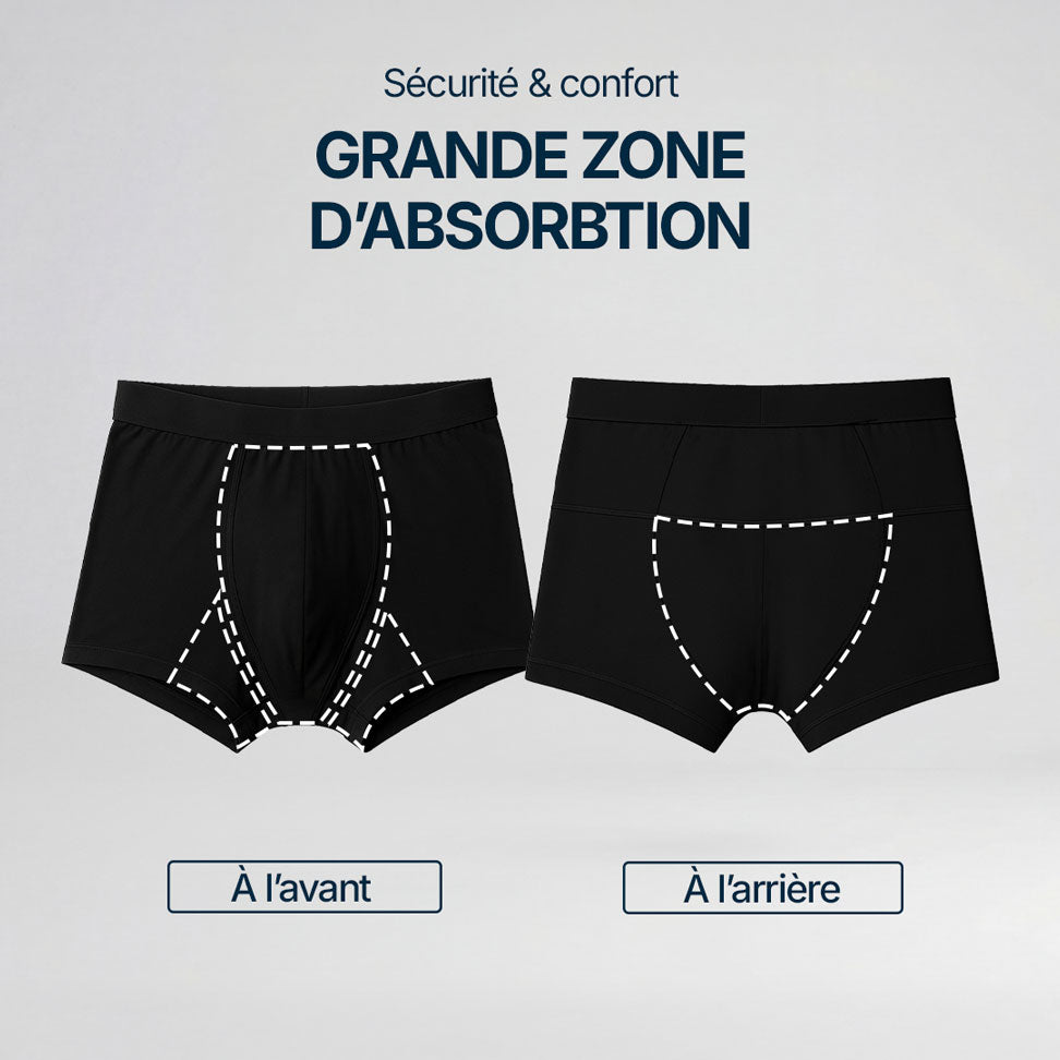 Illustration d’un boxer noir Orykas montrant la grande zone d’absorption à l’avant et à l’arrière grâce à un marquage en pointillés, démonstration de la sécurité et du confort pour les fuites urinaires légères à modérées.
