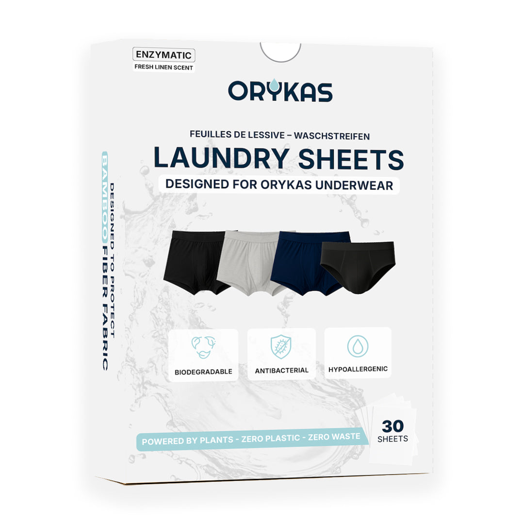 Boîte de feuilles de lessive Orykas, biodégradables, antibactériennes et hypoallergéniques, conçues pour protéger les slips et boxers en fibre de bambou.