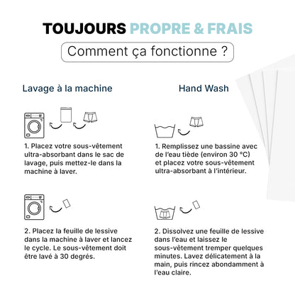 Instructions d’utilisation des feuilles de lessive antibactériennes Orykas : lavage en machine avec sac de lavage ou lavage à la main dans une bassine d’eau tiède, pour entretenir les sous-vêtements ultra absorbants.